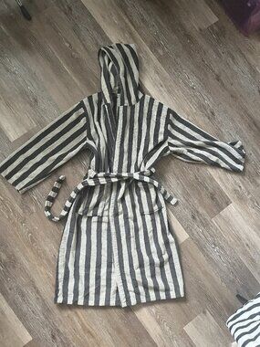 Silver Gray Striped Plush Fleece Robe with Hood, Pockets, Belt, S/M